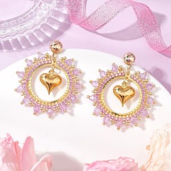 лаванда Серьги-гвоздики в форме железного сердца, с овальными подвесками из плетеного стекла, золотые, лаванда, 48.5x42 мм