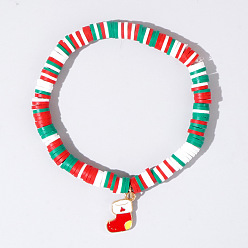 Christmas Socking Рождественские 304 браслеты из нержавеющей стали с эмалированными подвесками, Разноцветные браслеты из полимерной глины с бусинами хейши, эластичные, для женщин и мужчин., золотые, рождественские носки, 6.50 дюйм (16.5 см)