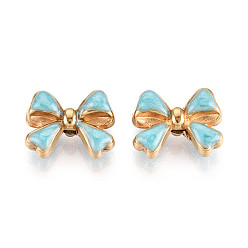 Бирюза Ионное покрытие (IP) 304 шарики из эмали из нержавеющей стали, бантом, с блеском порошок, реальный 18 k позолоченный, бирюзовые, 11x14.5x7 мм, отверстие : 1.8 мм