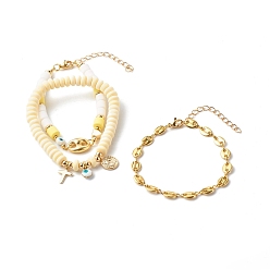 Light Yellow Stretch & Beaded & Link Chain Bracelets Sets, with Handmade Polymer Clay Beads, Brass Pendant, Alloy Links, Light Yellow, Inner Diameter: 2-5/8 inch(6.8cm), 7.48 inch(190mm), 7.28 inch(185mm), 3pcs/set