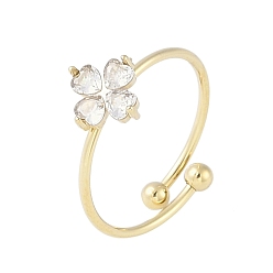 Клевер 304 открытые манжеты из нержавеющей стали с микропаве из прозрачного циркония для женщин, золотые, клевер, клевер: 8.5x8 мм, регулируемый