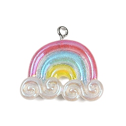 Радуга Прозрачные смоляные подвески, с платиновой железной петлей и пудрой с блестками, радуга, 26x27x6.5 мм, отверстие : 2 мм