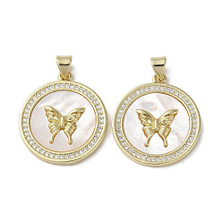 Real 18K Gold Plated Brass Micro Pave Cubic Zirconia Pendants, Cadmium Free & Lead Free, with Shell, Flat Round with Butterfly Pattern, Real 18K Gold Plated, 24.5x22x2.5mm, Hole: 3.5x5mm