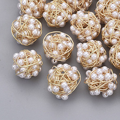 White Brass Wire Beads, with ABS Plastic Imitation Pearl, Nickel Free, Real 18K Gold Plated, White, 14x14.5x14.5mm