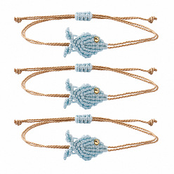 Light Blue Ocean Adjustable Braided Wax Cord Fish Link Bracelet Sets with Brass Beads for Women, Adjustable Stackable Bracelets, Golden, Light Blue, 11.02 inch(28cm), 3pcs/set