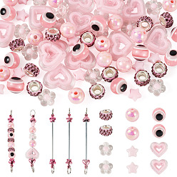 Pink Сделай сам наборы для ключей, в том числе 3шт. брелоков из нержавеющей стали с бусинами, 12шт. круглые бусины из смолы, символизирующие сглаз, 36шт акриловые бусины, 12 шт. Европейские бусины со стразами из полимерной глины, розовые