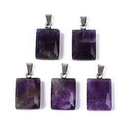Аметист Подвески из натурального аметиста , граненые прямоугольные подвески, с защелкой из нержавеющей стали на поручнях, цвет нержавеющей стали, 19~20x11.5~12x5~6 мм, отверстие : 5.5x2.5 мм