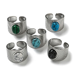 Нержавеющая Сталь Цвет 304 открытые манжеты из нержавеющей стали, Овальные широкие кольца с синтетическим малахитом и бирюзой для женщин и мужчин, цвет нержавеющей стали, регулируемый