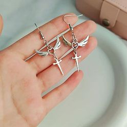 Silver Alloy Dangle Earrings for Women, Heart Wing & Cross, Silver, 50mm