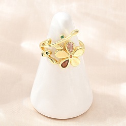 Colorful Brass Pave Cubic Zirconia Cuff Open Rings, Flower, Lead Free & Cadmium Free, Long-Lasting Plated, Rack Plating, Real 18K Gold Plated, Colorful, US Size 7 1/4(17.5mm)