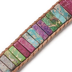 Colorful Natural Regalite/Imperial Jasper/Sea Sediment Jasper Cord Beaded Bracelets, with Leather Cord and Alloy Clasps, Dyed, Flower, Antique Silver, Colorful, 7-1/2 inch~8-1/8 inch(19~20.5cm), 1.5~2mm