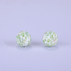 White Printed Round with Leaf Pattern Silicone Focal Beads, White, 15x15mm, Hole: 2mm