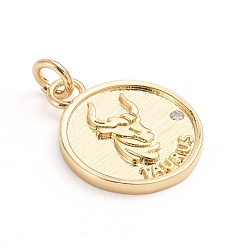 Телец Латунные микро проложить кубического циркония подвески, с целью перехода в кольце, плоские круглые с двенадцати созвездий, прозрачные, золотые, Телец, 18x14.5x1.5 мм, отверстие : 3 мм