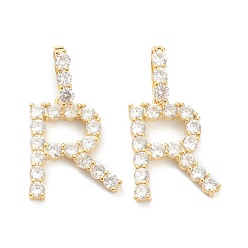 Letter R Латунные микропаве прозрачные подвески с фианитом, реальный 18 k позолоченный, буквы, буква r, 19~22.5x10.5~20x2.5 мм, отверстие : 9.5x6 мм