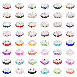 Серебро 100 шт. Латунные бусины-распорки со стразами, с бусинами-разделителями из латуни и АБС-пластика, имитирующими жемчуг, серебряные, 12x4 мм, отверстие : 2.5~4.5 мм