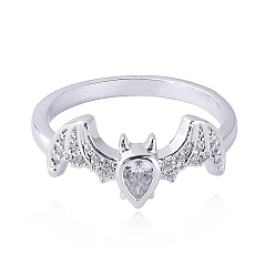 Platinum Halloween Brass Finger Ring, Cubic Zirconia Bat Ring, Platinum, US Size 6(16.5mm)