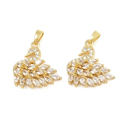 Real 18K Gold Plated Brass Micro Pave Clear Cubic Zirconia Pendants, Swan Charms, Real 18K Gold Plated, 18.5x18.5x6mm, Hole: 5x2mm