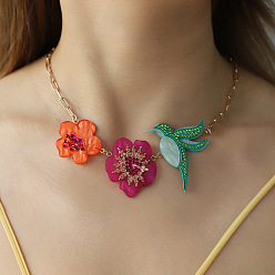 Bird Spring Summer Acrylic Rhinestone Pendant Bib Necklaces for Women, Golden, Colorful, Bird, 16.93 inch(43cm)