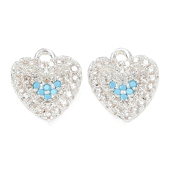 Silver Brass Micro Pave Sky Blue Cubic Zirconia Charms, Heart Charms, Silver, 11x9.5x3.5mm, Hole: 1.2mm
