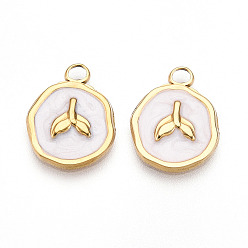 Белый 304 подвески из нержавеющей стали, с эмалью, плоский круглый с подвесками «рыбий хвост», ионное покрытие (ip), реальный 18 k позолоченный, белые, 16.5x13x2.5 мм, отверстие : 2.5 мм