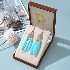 Голубой Серьги-люстры из сплава ромбов со стразами, с пером, золотые, голубой, 120 мм