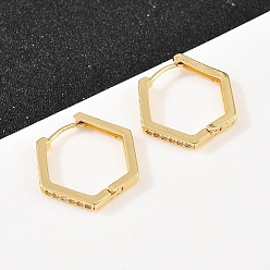 Настоящее золото 18K Шестиугольные латунные серьги-кольца с кубическим цирконием, без кадмия и без свинца, долговечный, стойки покрытие, реальный 18 k позолоченный, 20x22.5x2.5 мм