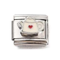 White Tea Pot 304 Stainless Steel Enamel Coffee Connector Charms, DIY Handmade Module Bracelet Accessories, Stainless Steel Color, White, 10x9x6.5mm