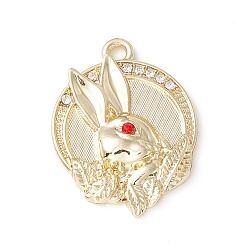Light Gold Alloy Micro Pave Cubic Zirconia Pendants, Flat Round with Rabbit, Light Gold, 22.5x17x3.5mm, Hole: 1.6mm