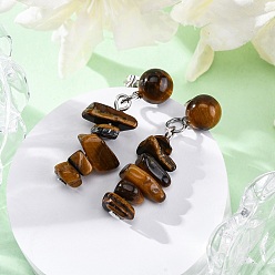 Тигровый глаз Натуральный тигр глаз болтается серьги, с 304 фурнитурой для сережек-гвоздиков из нержавеющей стали для женщин, плоский круглый с чипом, 36~37x8~10 мм