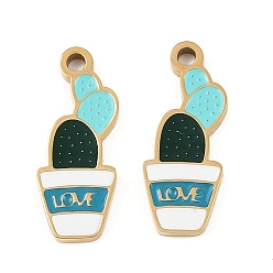 Голубой 304 нержавеющей стальной эмали подвески, ионное покрытие (ip), золотые, кактус со словом любовь очарование, голубой, 16.5x6.5x1.5 мм, отверстие : 1.4 мм