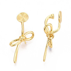 Настоящее золото 18K Фурнитура для сережек-клипс в виде банта из латуни для полупросверленных бусин, реальный 18 k позолоченный, лоток : 4 мм, 33.2x15 мм, штифты : 0.8 мм
