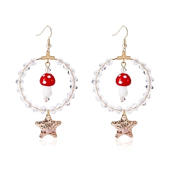 Красный Большие круглые серьги с подвесками из стеклянных бусин, женские серьги-подвески в виде грибов и латунных звезд лэмпворк, красные, 78 мм, штифты : 0.7 мм