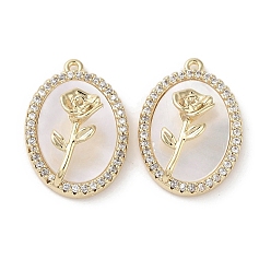 Настоящее золото 18K Латунный микропаве, прозрачный кубический цирконий с подвесками-ракушками, без кадмия, без никеля и без свинца, овальные с цветком, реальный 18 k позолоченный, 18.5x13x7 мм, отверстие : 0.9 мм