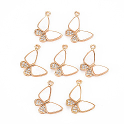 Light Gold Natural Shell Pendants, with Brass Findings and Crystal Rhinestone, Long-Lasting Plated, Cadmium Free & Lead Free, Butterfly, Light Gold, 18.5x15.5x2.5mm, Hole: 1.2mm