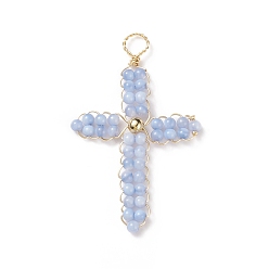 Medium Slate Blue Natural Freshwater Shell Round Beads Woven Pendants, with Eco-Friendly Light Gold Tone Copper Wire Wrapped, Dyed, Cross Charm, Medium Slate Blue, 35~36x22x3mm, Hole: 3mm