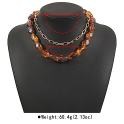 Седло Коричневый Двухслойные ожерелья из сплава с овальными бусинами из непрозрачной смолы в форме скрепок, золотые, седло коричневый, 14.96~17.32 дюйм (38~44 см), 2 шт / комплект