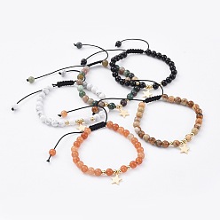 Mixed Stone Adjustable Nylon Thread Braided Bead Bracelets, with Natural Gemstone Beads, Brass Charms and Beads, Star, 2-1/8 inch~3-3/8 inch(5.5~8.5cm)