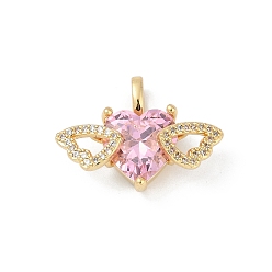 Настоящее золото 18K Латунные микропаве прозрачные подвески с фианитом, крылатые прелести, без свинца и без кадмия, стойки покрытие, с целью перехода в кольце, реальный 18 k позолоченный, 16.5x22x7.5 мм, отверстие : 4x2 мм