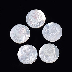White Shell Natural White Shell Cabochons, Flat Round with Girl, 15.5~16x2.5~3mm
