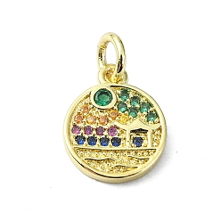 Настоящее золото 18K Латунные микро-паве красочные кубические циркониевые подвески, без кадмия, без никеля и без свинца, с целью перехода в кольце, плоские круглые прелести, реальный 18 k позолоченный, 12.5x10x1.5 мм, отверстие : 3 мм