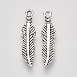 Античное Серебро Сплавочные подвески тибетского стиля, перо, без кадмия и без свинца, античное серебро, 24.5x5.5x2 мм, отверстие : 1.2 мм, Около 1600 шт / 1000 г