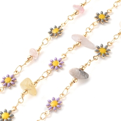 Смешанные камни Латунные соединительные цепи ручной работы, с бусиной из натурального морганита и латунным эмалевым цветочным звеном для изготовления ожерелий и браслетов, долговечный, пайки, с катушкой, золотые, ссылка: 12.5x7x2мм и 1.5~3.5x7~11x4.5~7.5мм, около 16.40 футов (5 м) / рулон