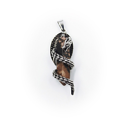 Родонит Двойные заостренные подвески из натурального родонита, обереги дракона с граненой пулей, со сплавочной фурнитурой античного серебряного тона, 39x15 мм