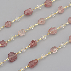 Strawberry Quartz Handmade Natural Strawberry Quartz Beaded Chains, with Rondelle Glass Beads and Brass Cable Chains, Long-Lasting Plated, Unwelded, with Spool, Nuggets, Golden, Link: 2.5x1x0.3mm, Gemstone Beads: 6~12x6~6.5x4~4.5mm, Glass Beads: 4x3mm, about 32.8 Feet(10m)/roll