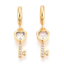 Настоящее золото 18K Латунное микропейв с кубическим цирконием европейские подвески с подвесками, Сердце ключевых, Подвески с большими отверстиями, без кадмия и без свинца, реальный 18 k позолоченный, 27.5~28 мм, отверстие : 4.5 мм