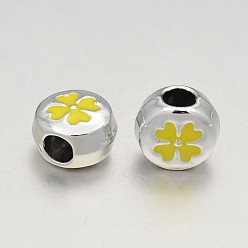 Yellow Nickel Free & Lead Free Silver Color Plated Alloy Enamel Clover European Beads, Long-Lasting Plated, Large Hole Flat Round Beads, Yellow, 10x7.5mm, Hole: 4mm
