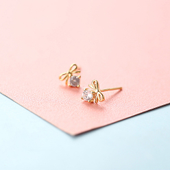 Bowknot Серьги-гвоздики из латунного микро-паве, золотые, бантом, 6 мм