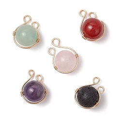 Золотой Круглые подвески из натурального зеленого авантюрина, розового кварца, лавового камня, сердолика и аметиста, обмотанные медной проволокой, смешанные окрашенные и неокрашенные, золотые, 17~18x13x10 мм, отверстие : 2.5 мм