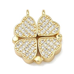 Настоящее золото 18K Подвески-трансформеры из латуни с микропаве и прозрачными кубическими циркониями ко Дню Святого Патрика, с магнитным, подвески в виде четырехлистного клевера, без свинца и без кадмия, стойки покрытие, долговечный, реальный 18 k позолоченный, 17.5x15.5x4 мм, отверстие : 1.4 мм