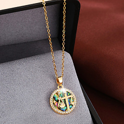 Libra Collares con colgante de disco de signo zodiacal de concha de abulón natural iridiscente de latón con circonita cúbica transparente para mujer, dorado, Libra, 15.75 pulgada (40 cm)